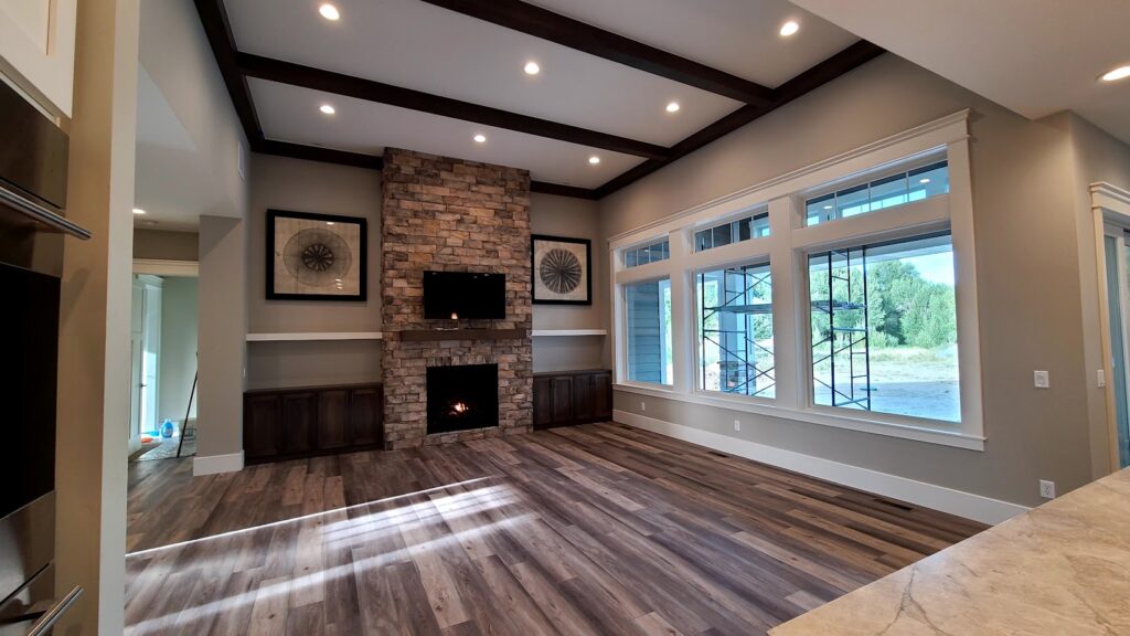fireplace at the center of a room in an Idaho home