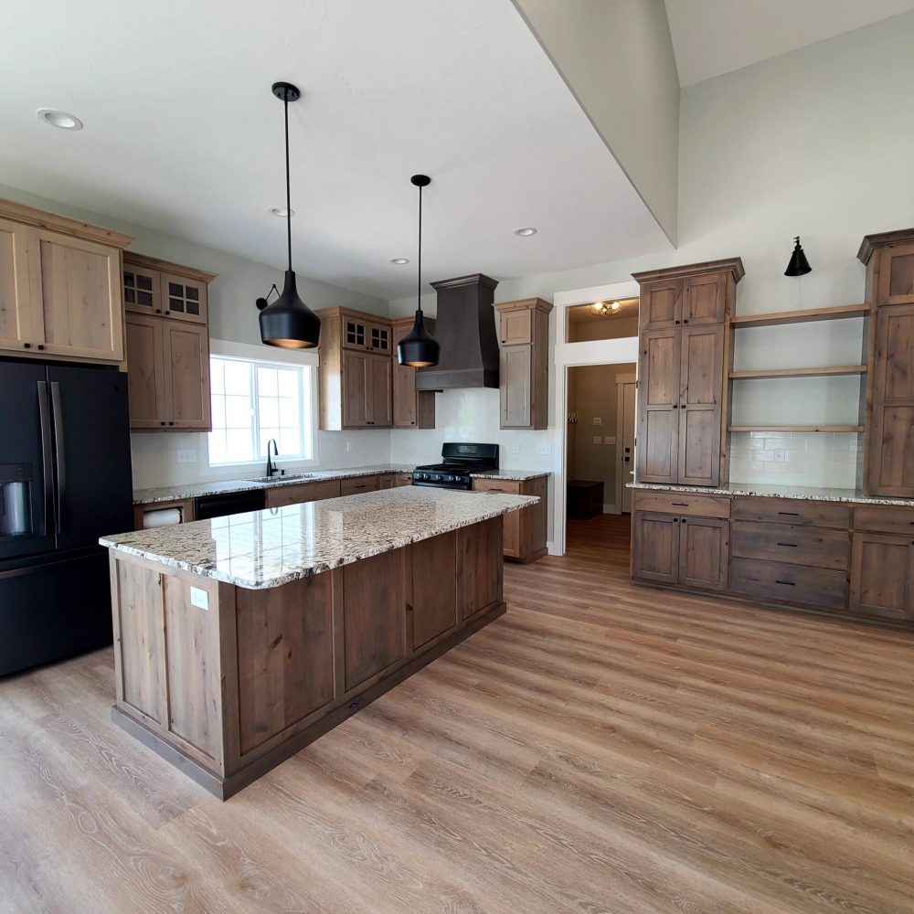 Kitchen with brown kithcen cabinets