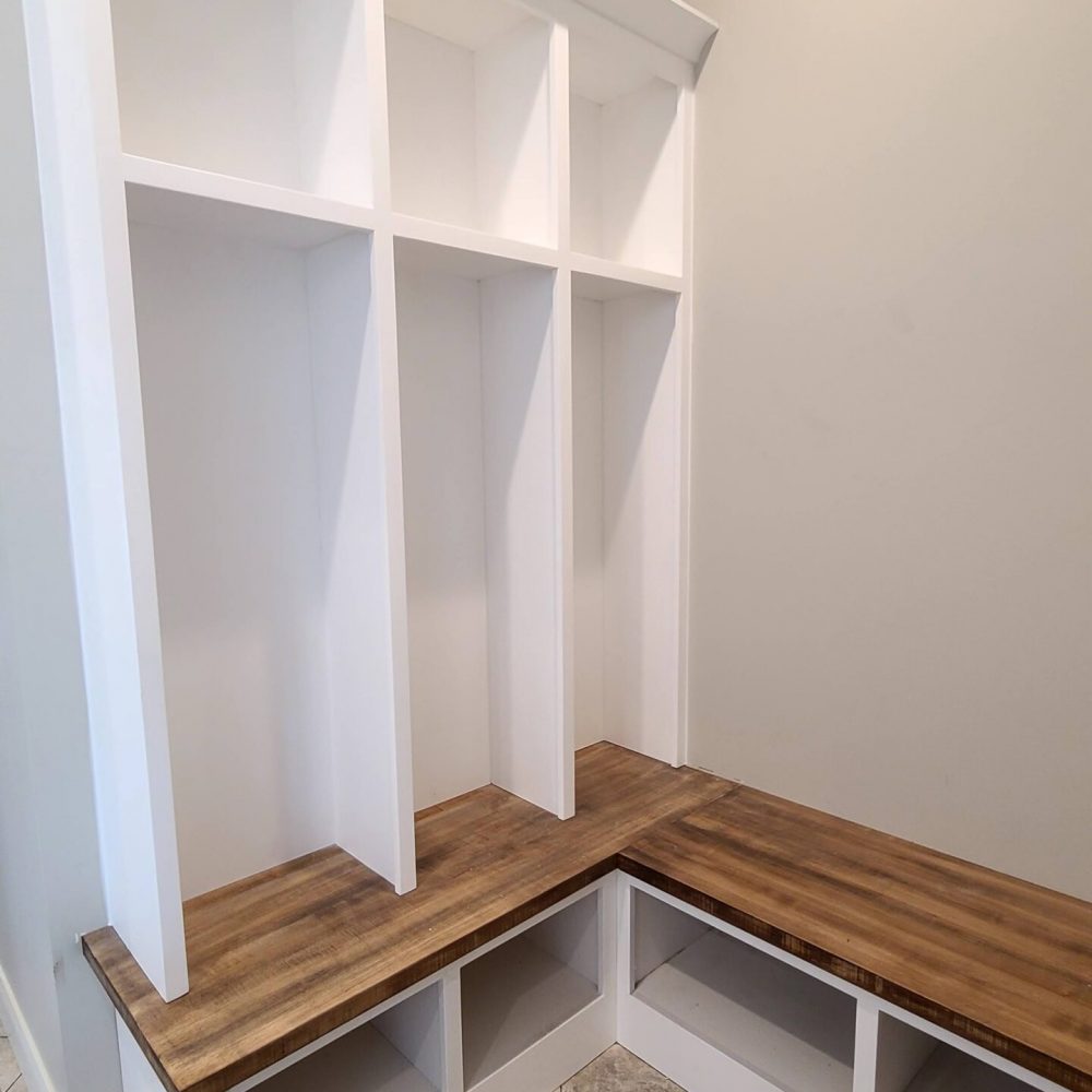 White bench and shelves